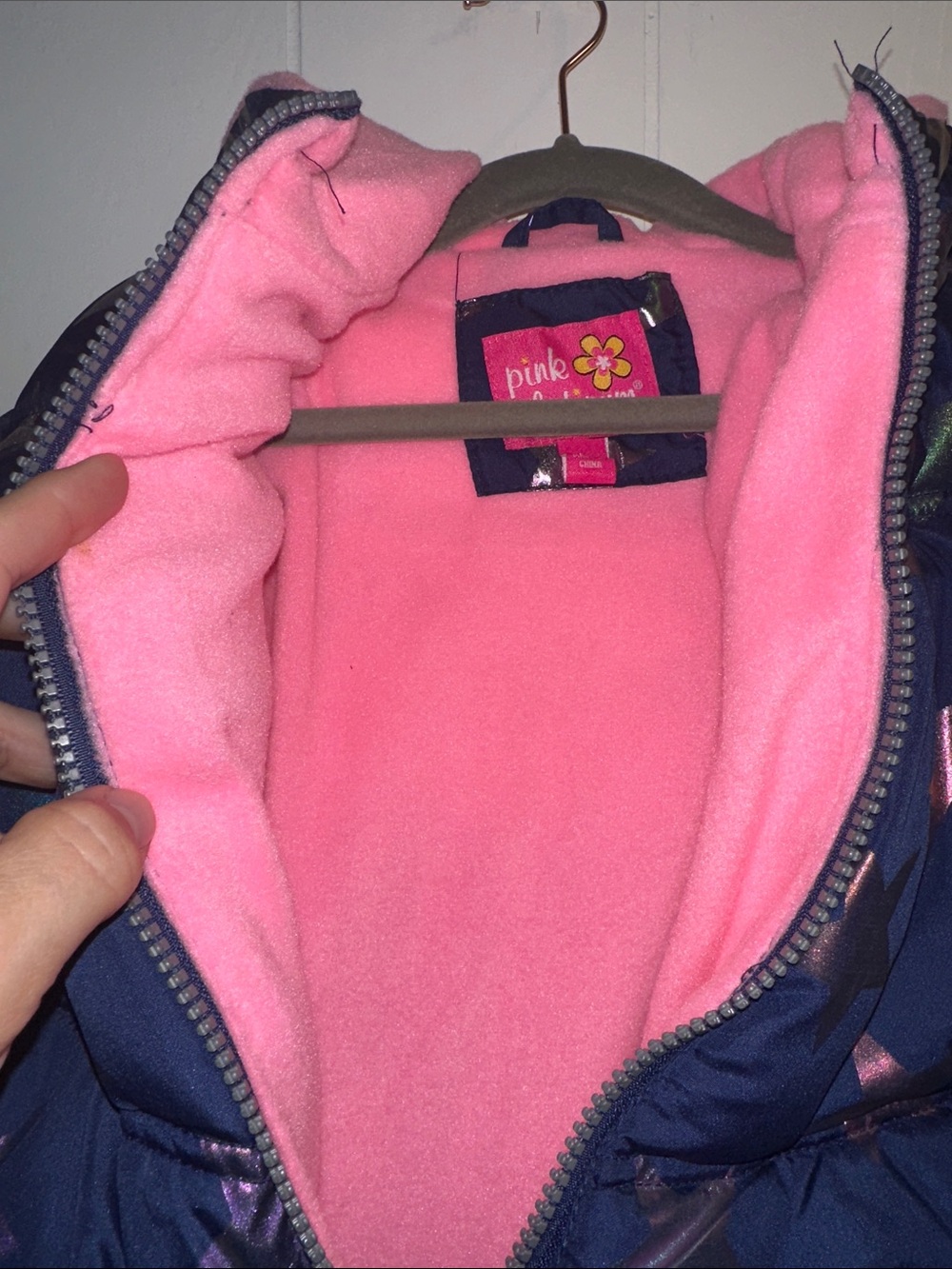 Pink Platinum Navy Star Print Puffer with Pink Hood Lining - Picture 7 of 10